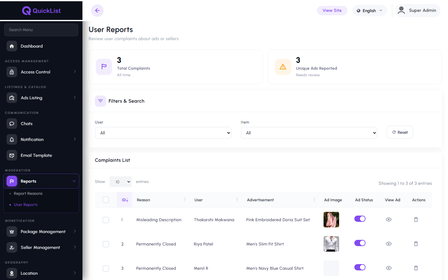 User report moderation in the QuickList admin panel