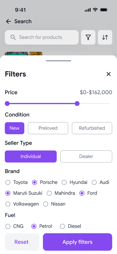 Filter panel in the QuickList app
