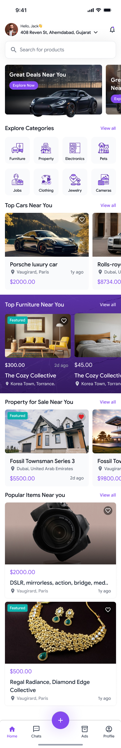 QuickList app home screen with nearby listings