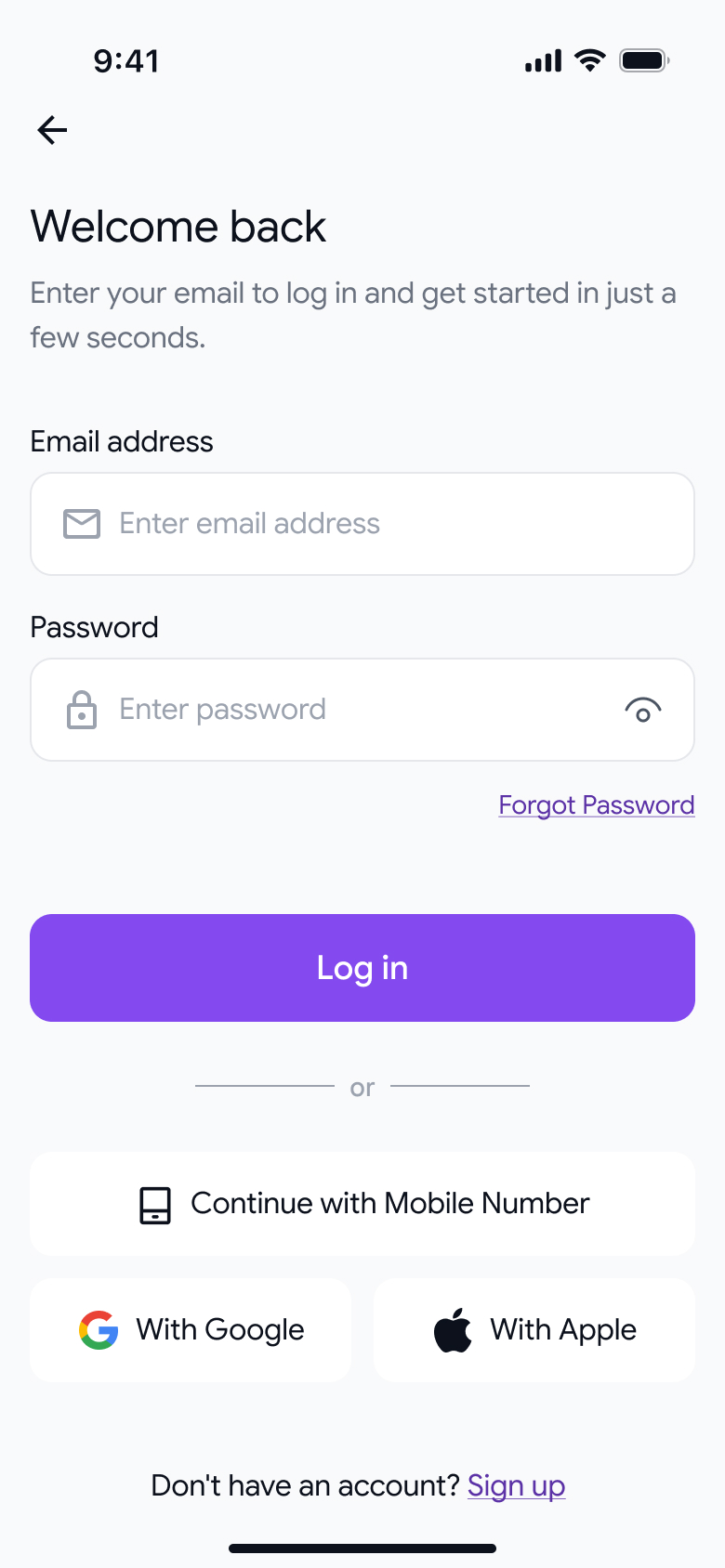 QuickList app sign in screen