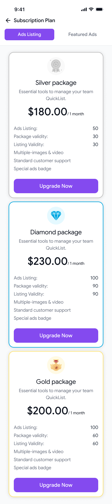 Subscription plans in the QuickList app