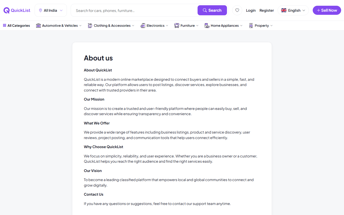 About us page on the QuickList website
