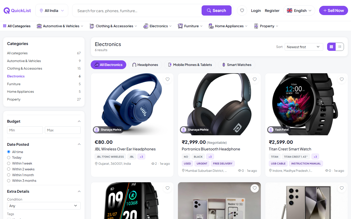 Electronics category page on the QuickList website