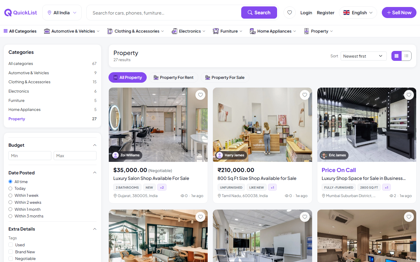 Property category page on the QuickList website