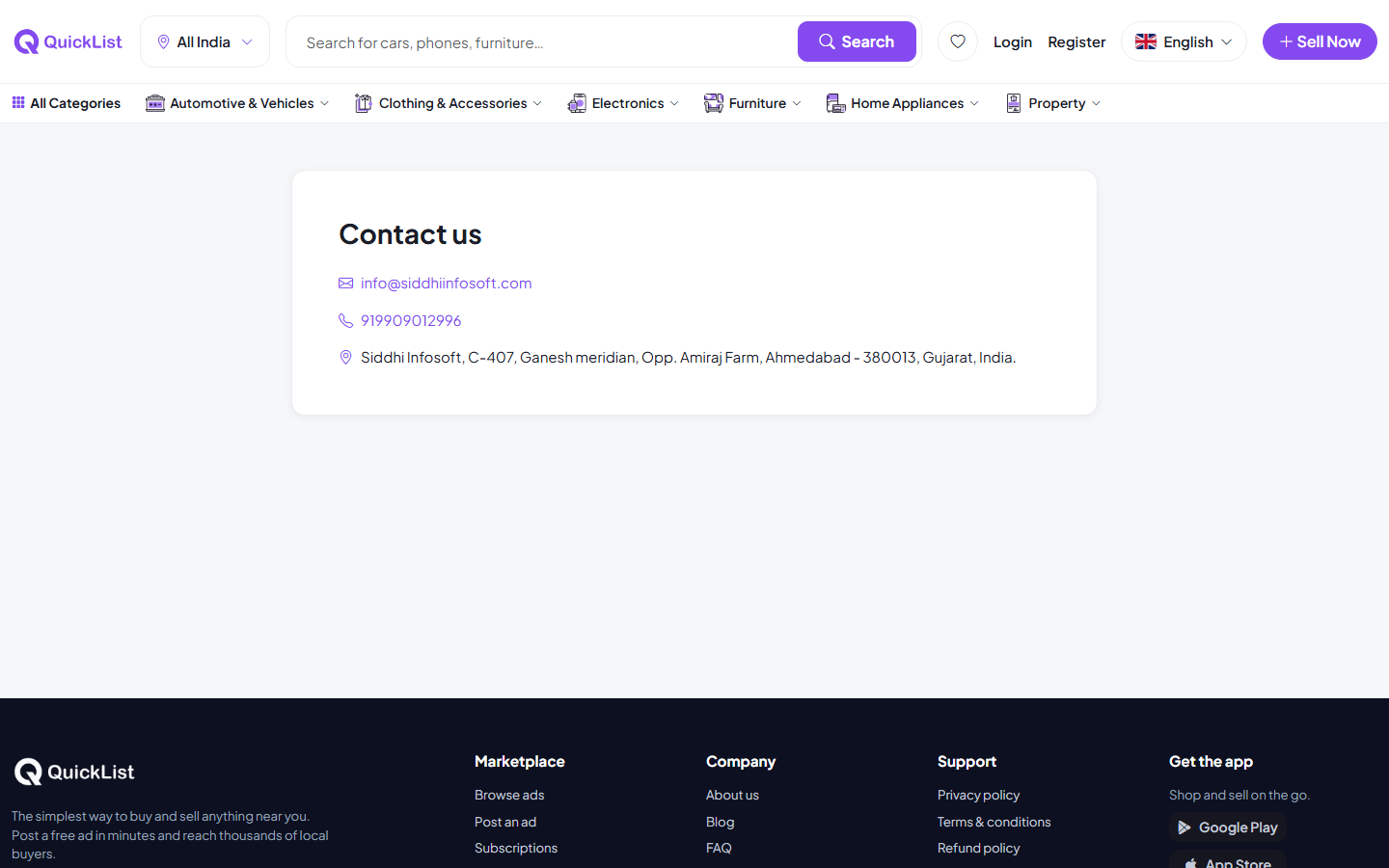 Contact us page on the QuickList website