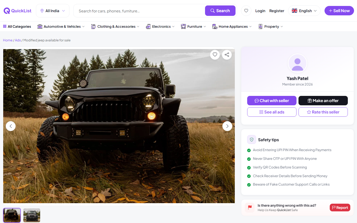 Vehicle listing detail page with seller panel and safety tips