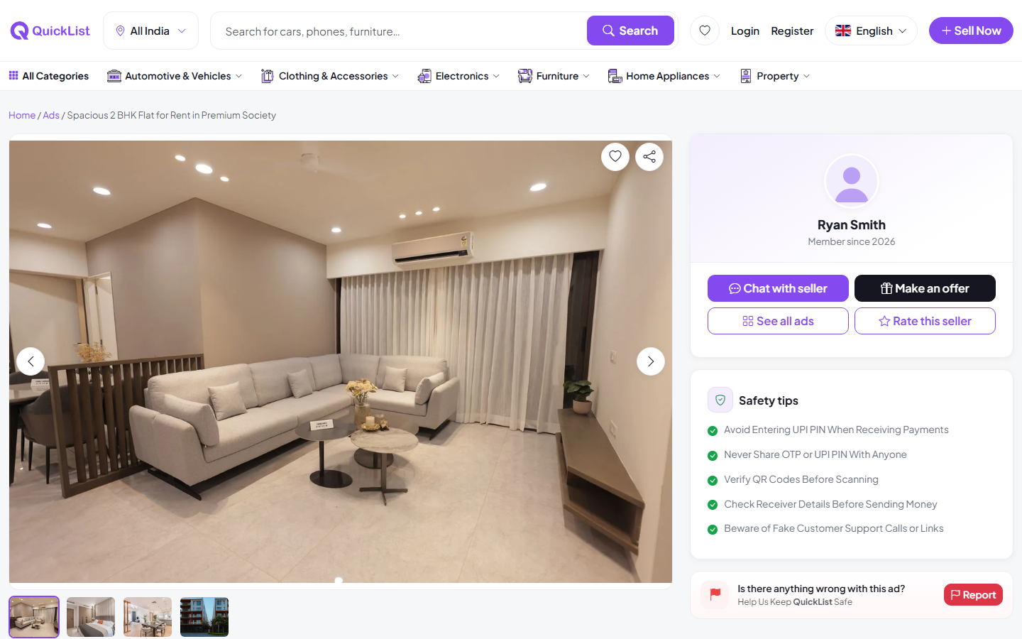 Property listing detail page on the QuickList website
