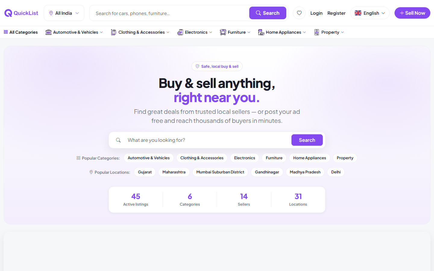 QuickList marketplace website home page