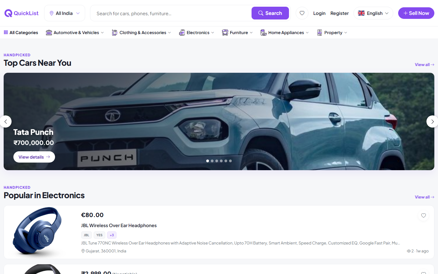 Top cars near you on the QuickList home page