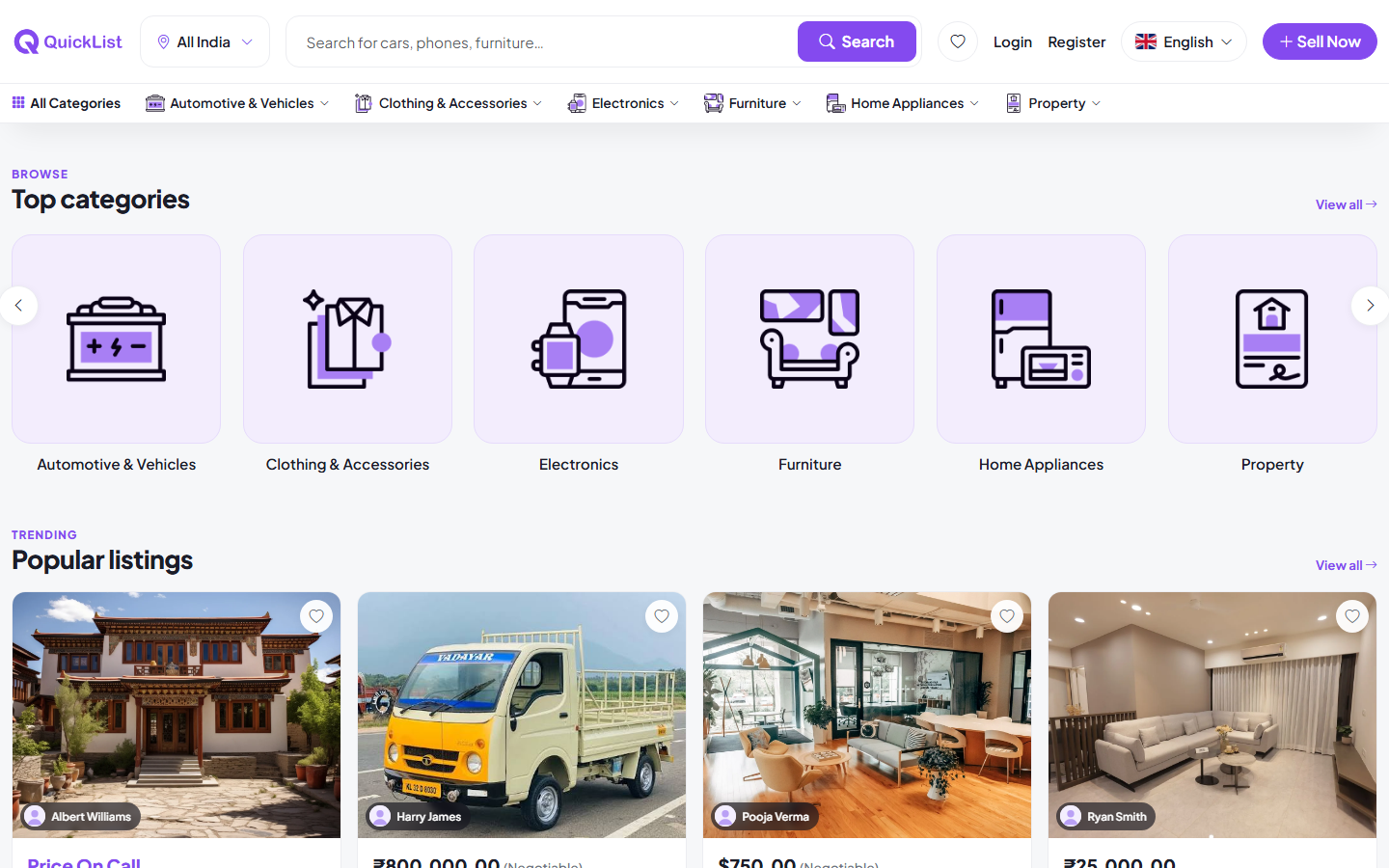 Top categories carousel on the QuickList home page