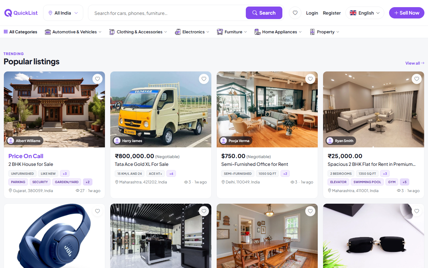 Popular listings row on the QuickList home page