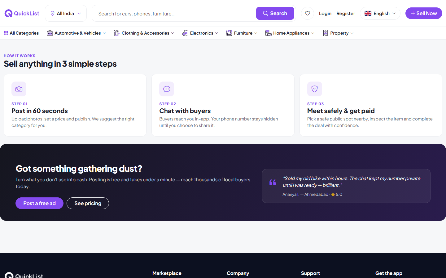 Sell anything in three simple steps section on the QuickList home page