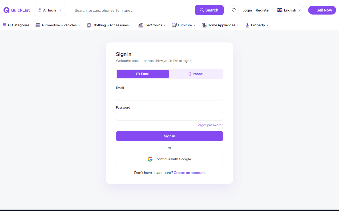 Sign in page on the QuickList website