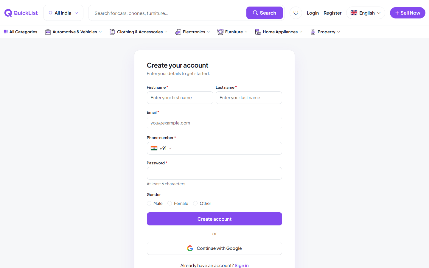 Create account page on the QuickList website