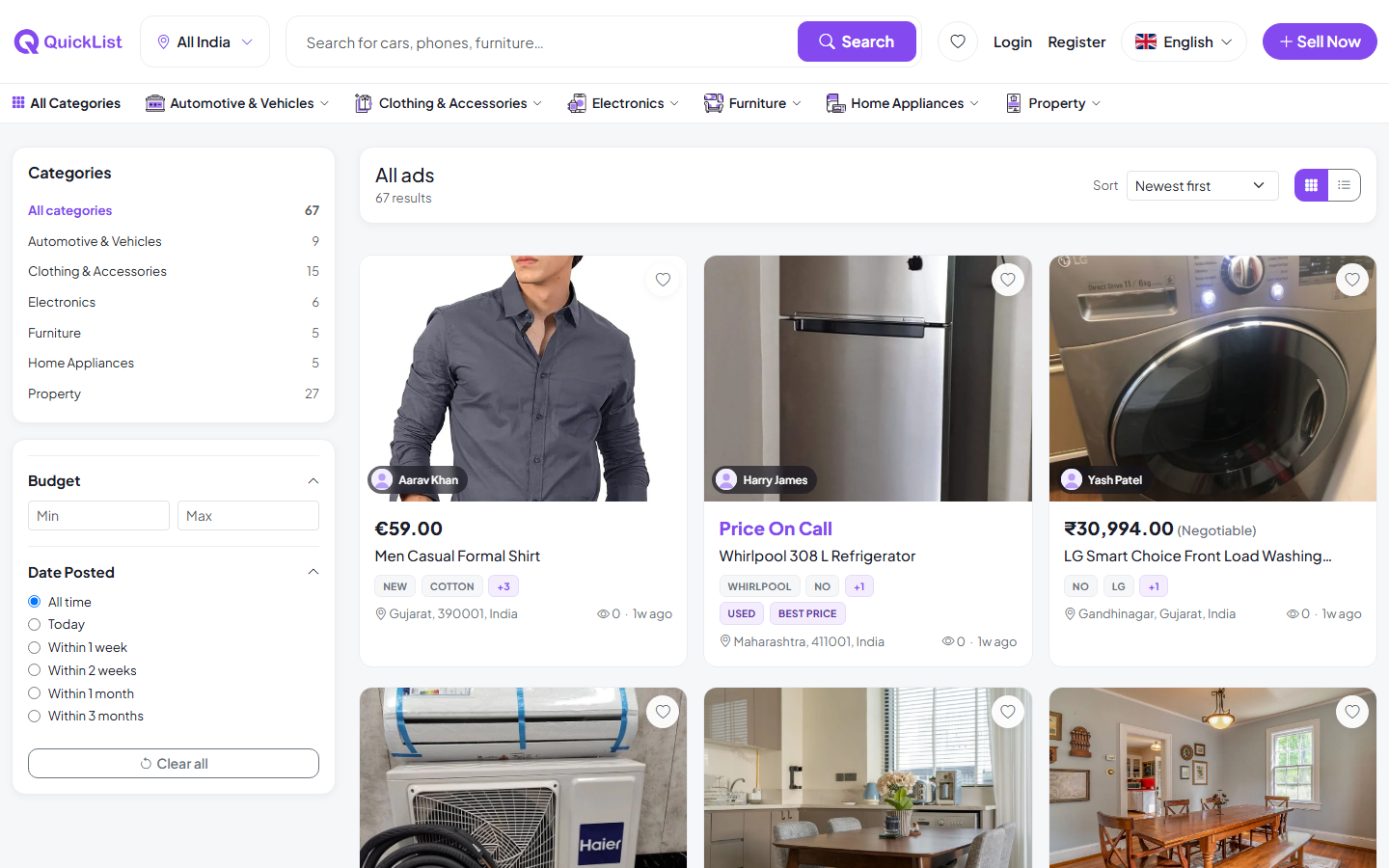 Listing search results with category and budget filters