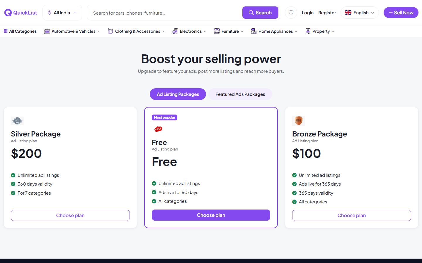 Subscription package pricing on the QuickList website