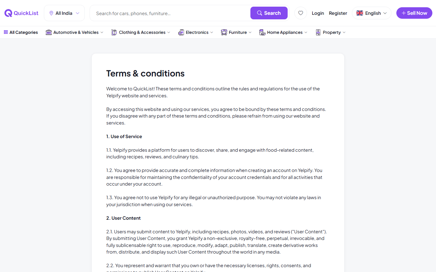Terms of service page on the QuickList website